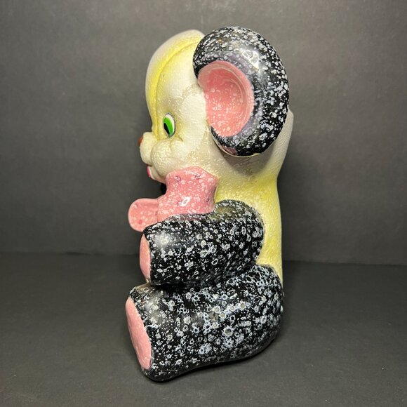 Vintage MCM 1950s Napco Black Pink & Yellow Speckled Ceramic Teddy Bear Planter - Picture 4 of 10